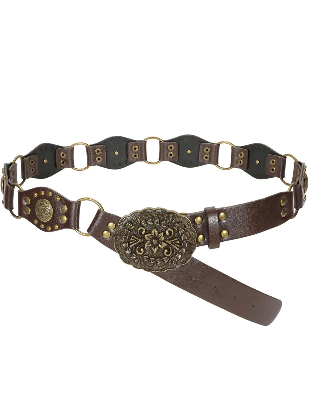 Brown Leather Belt with Ornate Antique Gold Buckle